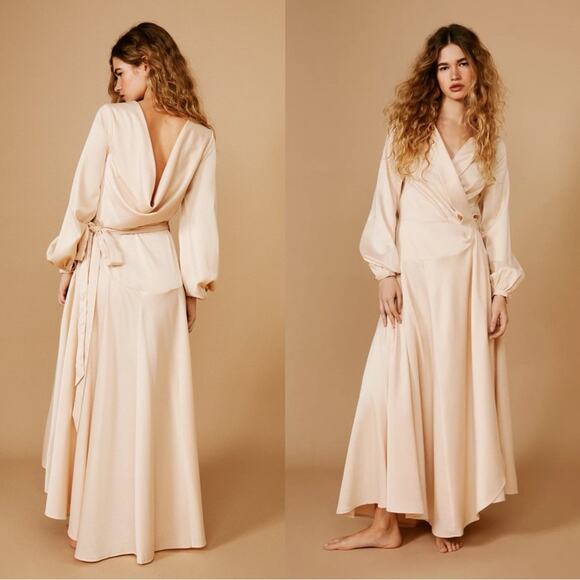 NEW NASTY GAL Cream Ivory Satin Cowl Plunge Long Sleeve Bridal Maxi Dress Gown 8 - Picture 4 of 16